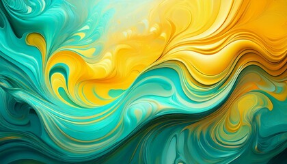 Abstract background with fluid colors in yellow and turquoise. Created with AI.