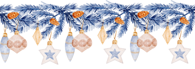 Elegant Watercolor Christmas Tree Pattern with Toys and Garland: Festive Border and Seamless Design for Holiday Decor