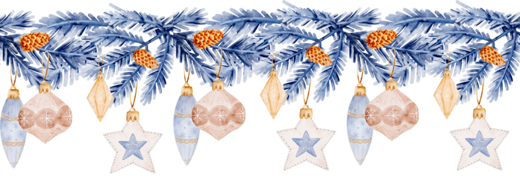 Elegant Watercolor Christmas Tree Pattern with Toys and Garland: Festive Border and Seamless Design for Holiday Decor