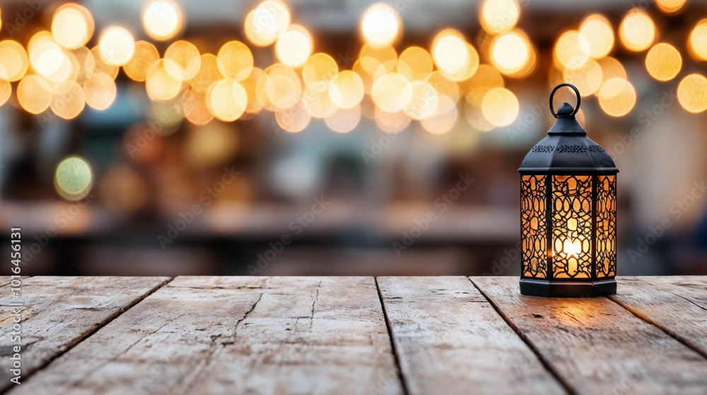 Poster Luminous lantern is standing on a wooden table and illuminating an outside space with string lights in the background