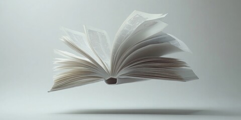 Suspended Pages, a book floats with open pages in mid-flip, set against a clean white backdrop, evoking a sense of literary magic and wonder.