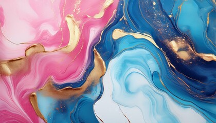 Abstract pink and blue marble liquid texture with gold splashes, luxury background