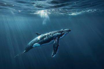 Fototapeta premium Fantastically beautiful majestic huge whale in ocean