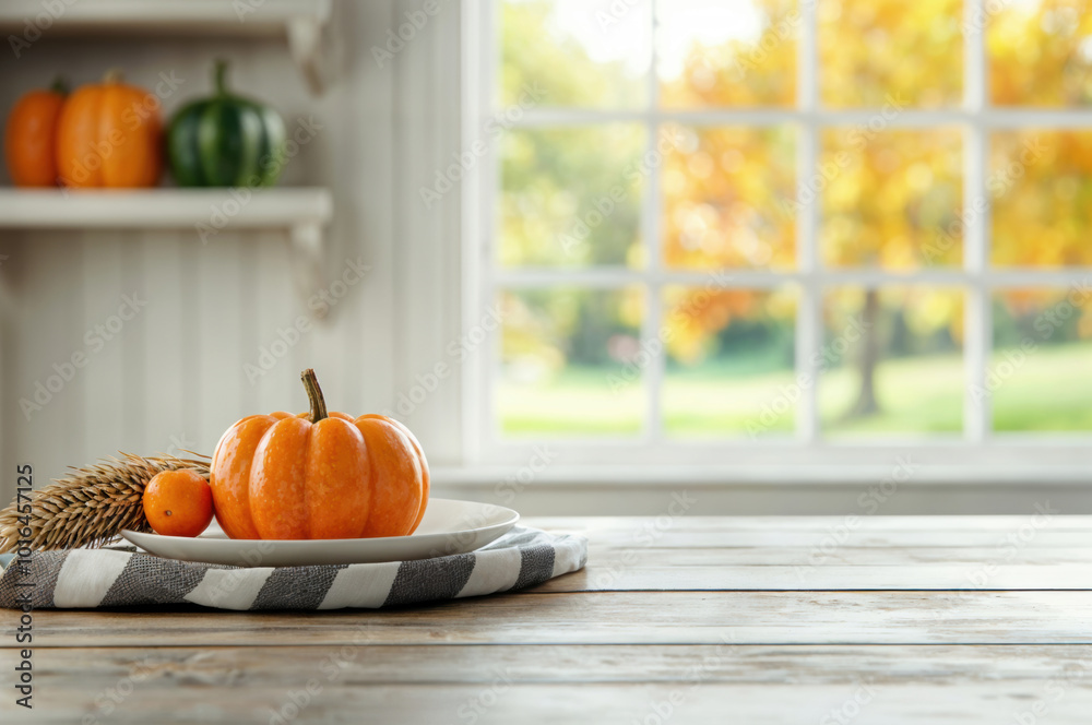 Poster empty table is set for a thanksgiving meal, with pumpkins and fall colors showing through the window