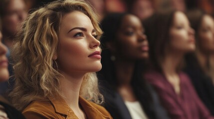 Obraz premium Business women and colleagues attend workshop presentations Sit in a row and focus on the speaker. Professional meeting atmosphere