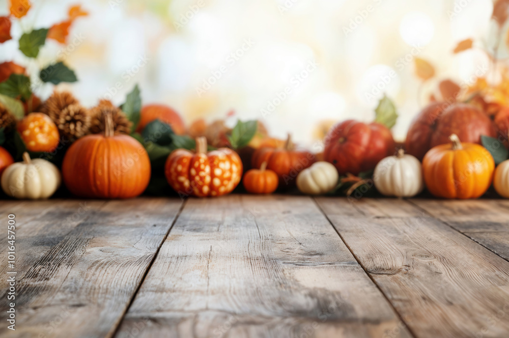 Aufkleber empty wooden table showcasing a vibrant autumn arrangement of pumpkins and gourds, creating a warm a