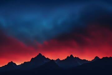 Sharp mountains silhouetted under a neon red and turquoise starry sky, Ai Generated