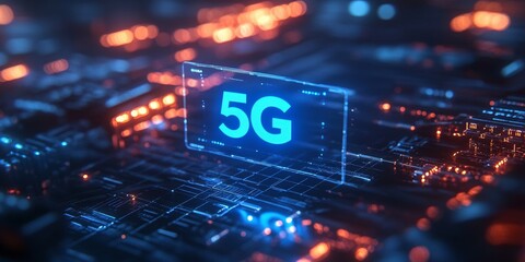 Futuristic hologram displaying glowing blue 5G symbol, blurred tech grid backdrop, vibrant digital atmosphere, innovation theme, advanced connectivity