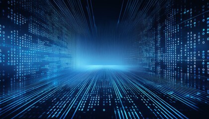 Blue digital binary data on computer screen background.