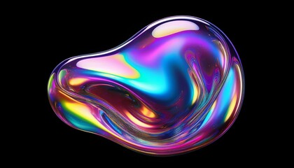 Bold holographic liquid blob shape isolated. Iridescent wavy melted substance on black background