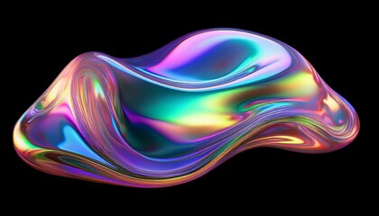 Bold holographic liquid blob shape isolated. Iridescent wavy melted substance on black background