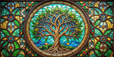 vibrant tree of life depicted in stained glass, showcasing intricate details and vivid colors. design features lush green leaves and radiant blue background, evoking sense of harmony and natures
