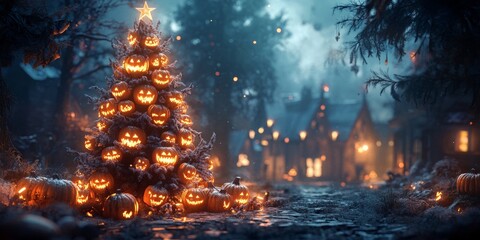 Haunted Village Christmas, a luminous tree adorned with pumpkins and skulls amidst an eerie, blurred village backdrop