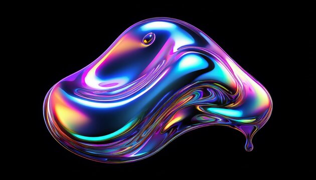 Bold holographic liquid blob shape isolated. Iridescent wavy melted substance on black background