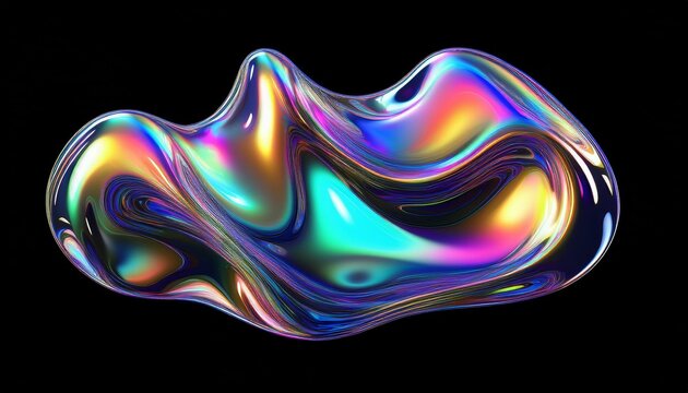Bold holographic liquid blob shape isolated. Iridescent wavy melted substance on black background