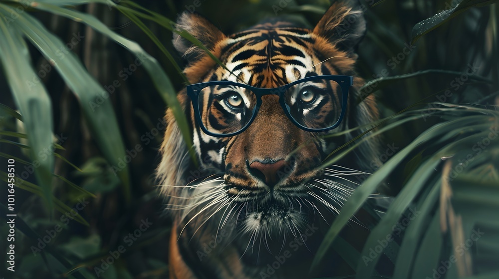 Sticker Fierce Tiger Prowling Through Jungle Wearing Bold Geometric Glasses