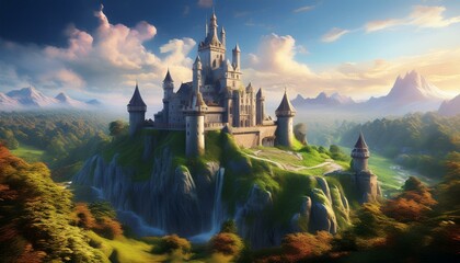 Castle at the hill of a scenic landscape. majestic castle perched. fantasy landscape with ancient castle