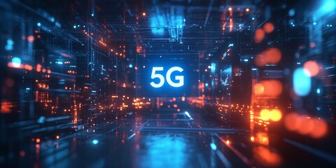 Glowing blue hologram of 5G technology, suspended in a blurred futuristic blue environment, symbolizing advanced connectivity and innovation