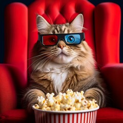 Cat watching 3D movie with popcorn sitting in red armchair.