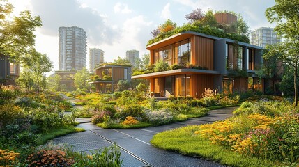 Fototapeta premium a modern urban cityscape showcasing sustainable infrastructure,solar pavements emphasizing green and nature friendly design elements.stock image