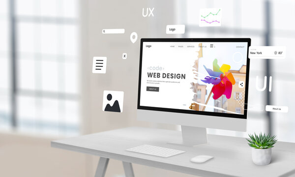 Computer display on a work desk featuring a web design studio page with floating website creation modules, surrounded by empty space for advertising text – ideal for showcasing digital design concepts