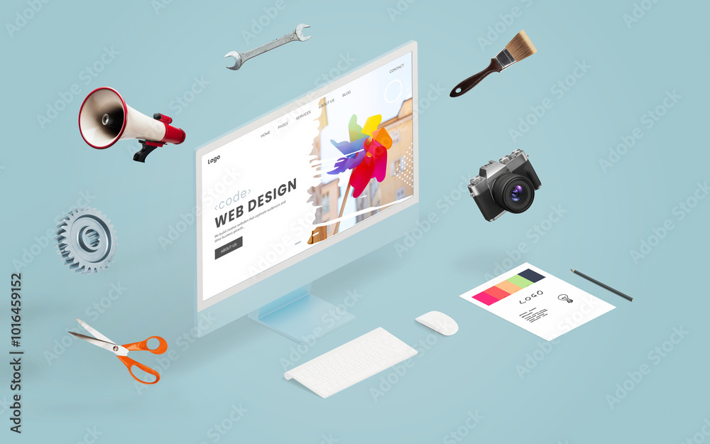 Poster isometric display surrounded by creative tools like scissors, megaphone, screwdriver, paintbrush, ca