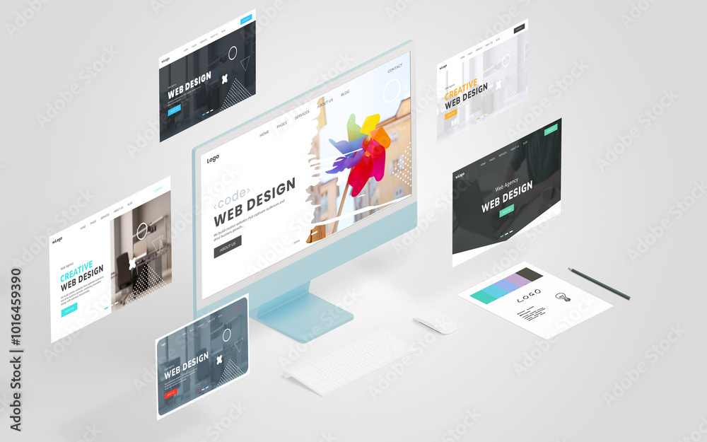 Poster Display featuring a conceptual web design page with similar pages floating around, showcasing the power of a web design studio. Presented in an isometric view for dynamic visual appeal