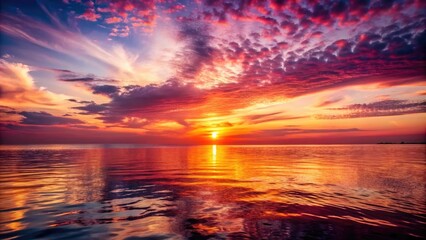 Vibrant sunset with rich burgundy hues reflecting over the calm ocean waters, creating a serene and dramatic sky.