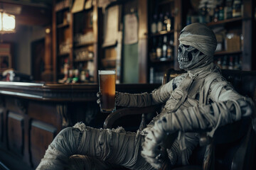 Fototapeta premium Scary sinister mummy wandering in street with dramatic lighting on celebration holiday Halloween
