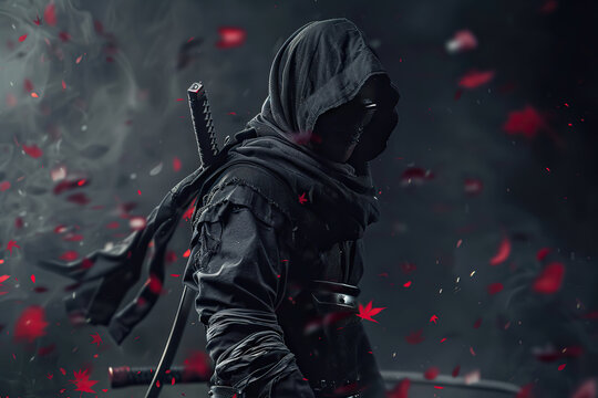 Japanese ninja warrior dressed in samurai clothes holding a sharp sword