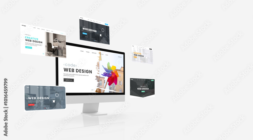 Poster Display featuring web design studio sample pages circling around, showcasing the studio's creative concepts. Includes empty space beside for advertising text to enhance promotional opportunities