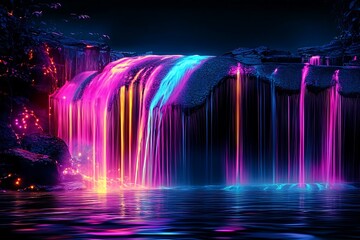 Plexus Neon Black Waterfall Nature Background Digital Desktop Wallpaper HD 4k Light Glowing Laser Motion Bright