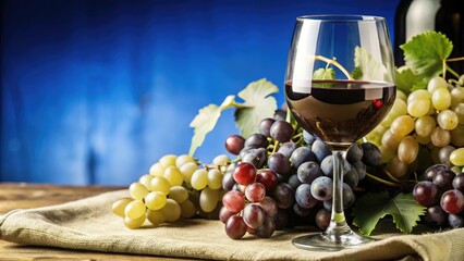 A glass of burgundy wine surrounded by clusters of grapes, creating a rich and elegant still-life scene.