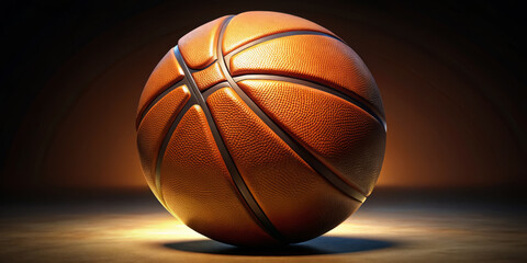 Fototapeta premium close up image of basketball showcasing its textured surface and vibrant color, illuminated dramatically to highlight its features and create dynamic atmosphere