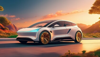 Obraz premium Concept of electric car in 2050, compact light white hatchback