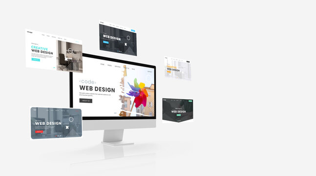 Display featuring web design studio sample pages circling around, showcasing the studio's creative concepts. Includes empty space beside for advertising text to enhance promotional opportunities