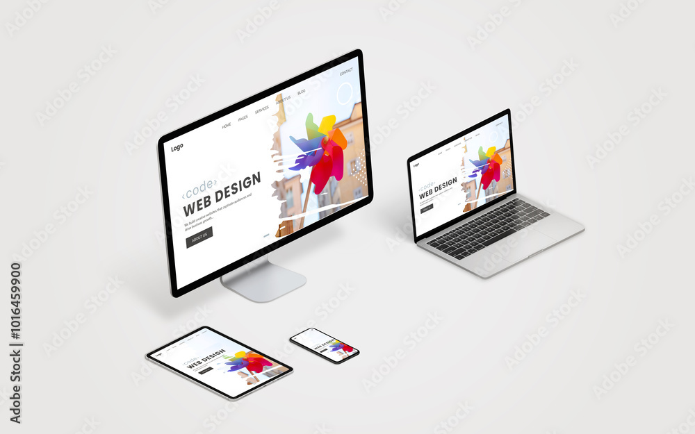 Poster Responsive displays showcasing a web design optimized for desktop, laptop, tablet, and mobile screens, promoting the importance of responsive design and scalable web applications for diverse devices