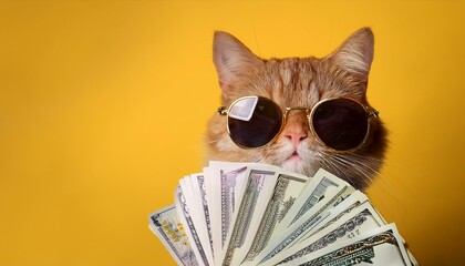 Cool rich successful hipster cat with sunglasses and cash money. Yellow background