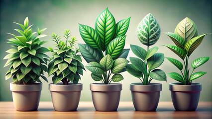 Fototapeta premium collection of vibrant green plants in decorative pots, showcasing various leaf shapes and sizes, creating lively and refreshing atmosphere