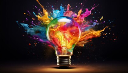 Creative light bulb explodes with colorful paint and splashes on a black background. Think differently creative idea concept