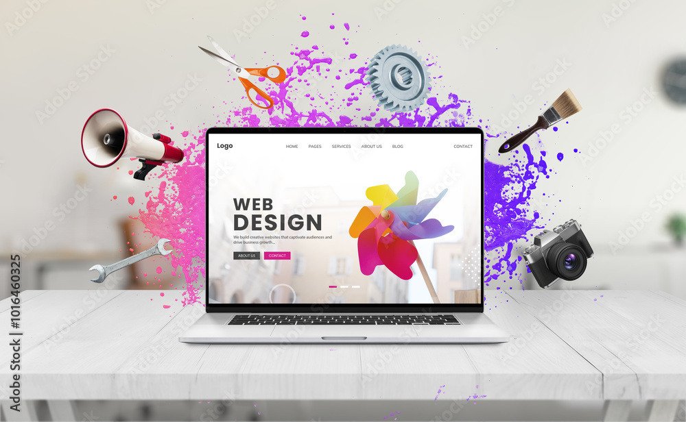 Poster Laptop on a desk displaying a web design concept page featuring a colorful water splash, surrounded by creative tools like a brush, megaphone, wrench, camera, scissors, and gear