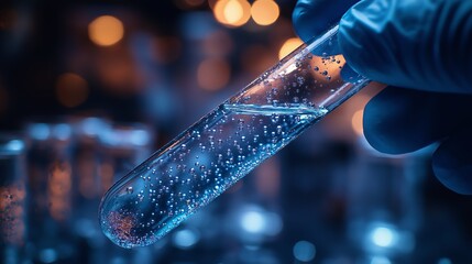 Scientist holding a test tube with bubbles in laboratory, biotechnology research concept