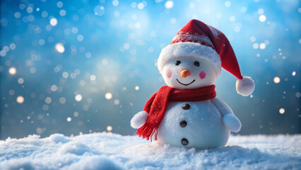 cheerful snowman wearing red hat and scarf stands in snowy landscape, surrounded by falling snowflakes. scene captures joy of winter and festive spirit