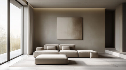 Minimalist Beige Living Room With Large Abstract Painting and Floor-To-Ceiling Windows