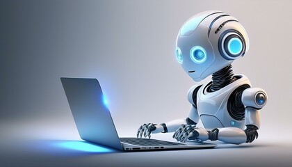 Cute friendly artificial intelligence robot using laptop computer with white neon glow light, light grey background, chatbot and AI assistant concept futuristic technology 3d illustration, banner