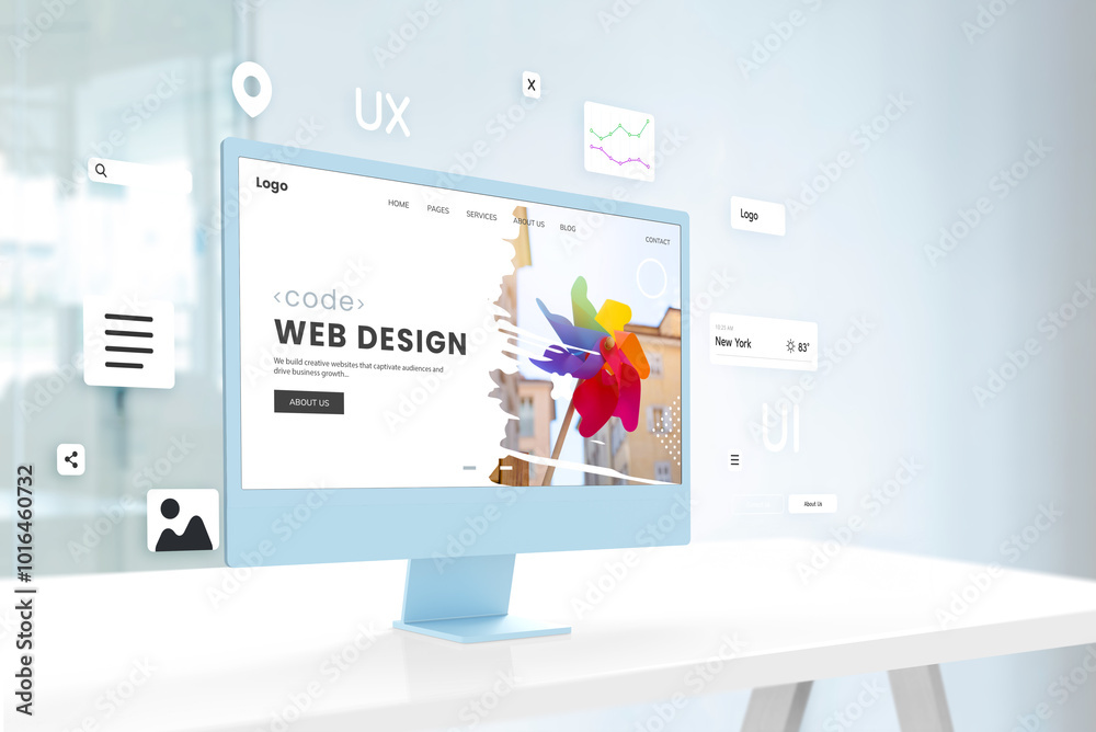 Fototapete Stylish blue screen sits on an office desk, displaying a vibrant web design page, complemented by surrounding web design modules, reflecting a cutting-edge design studio atmosphere