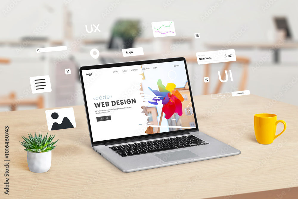 Fototapete Laptop on a workspace displaying a web design studio webpage, with graphic web modules and elements floating around, illustrating the concept of dynamic website creation and design integration
