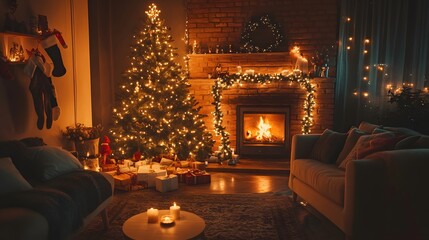 Cozy Christmas Living Room with Fireplace, Decorated Tree, and Gifts