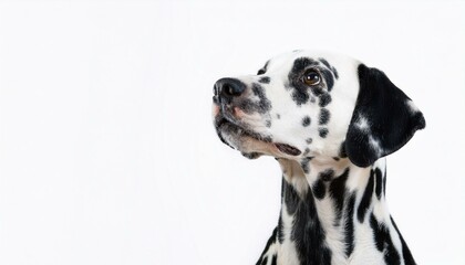 dalmatian dog portrait looking up and to the right on a white background