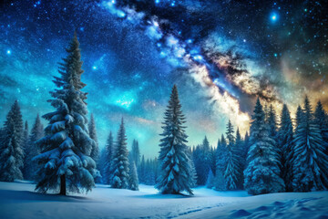 serene snow covered forest under starry sky, showcasing vibrant galaxy above. tranquil scene evokes sense of wonder and peace in natures beauty